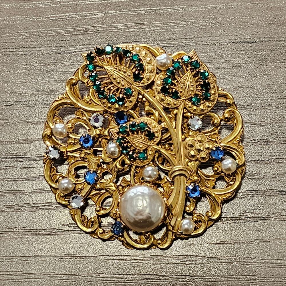 Vintage Miriam Haskell Signed Gold Brooch w/ Pearls, Blue & Green Stones - RARE